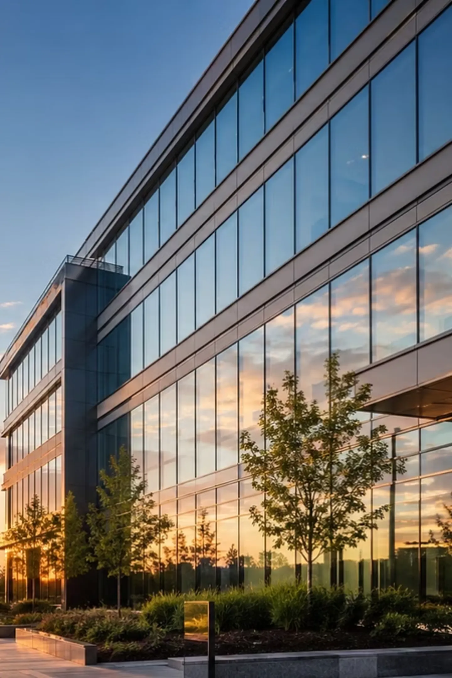 Façade vitrée d'un bâtiment tertiaire avec film solaire au coucher du soleil