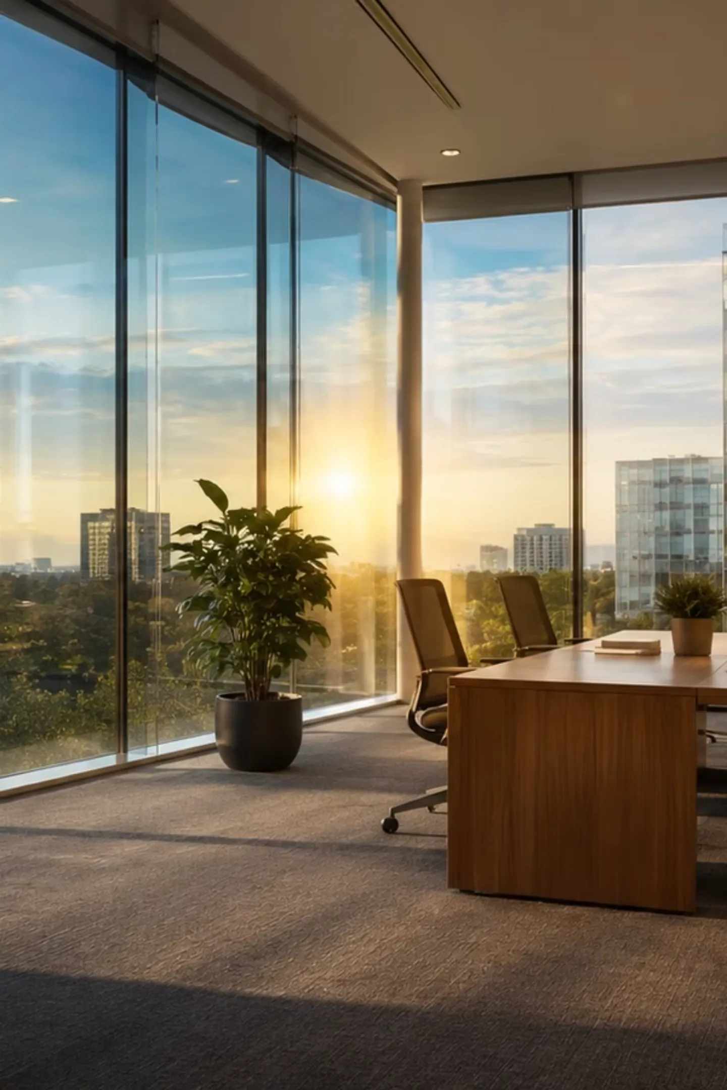 Bureau lumineux avec grandes baies vitrées exposées au soleil